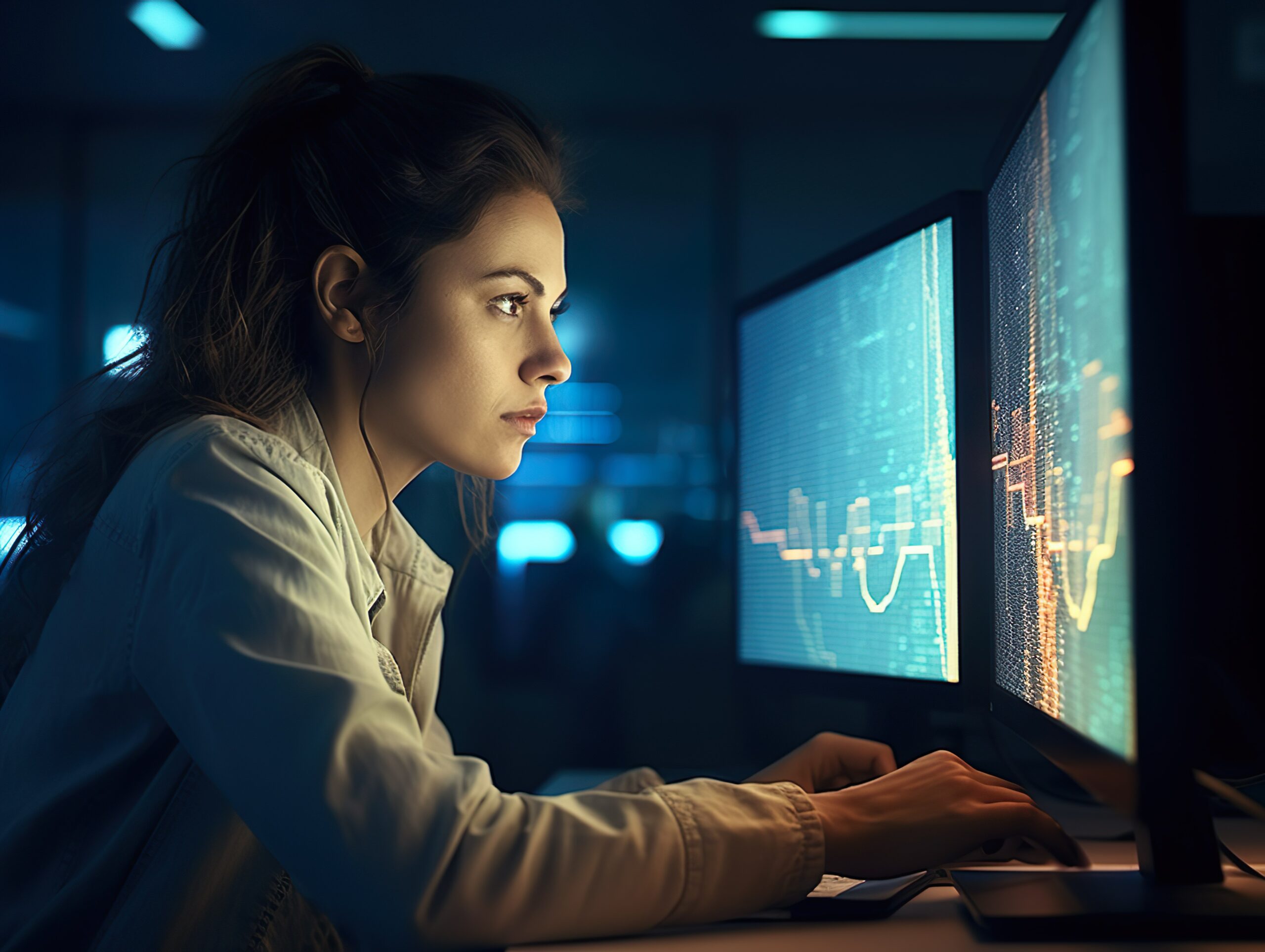 Mujer delante de pantalla analizando tendencias del mercado bursátil.